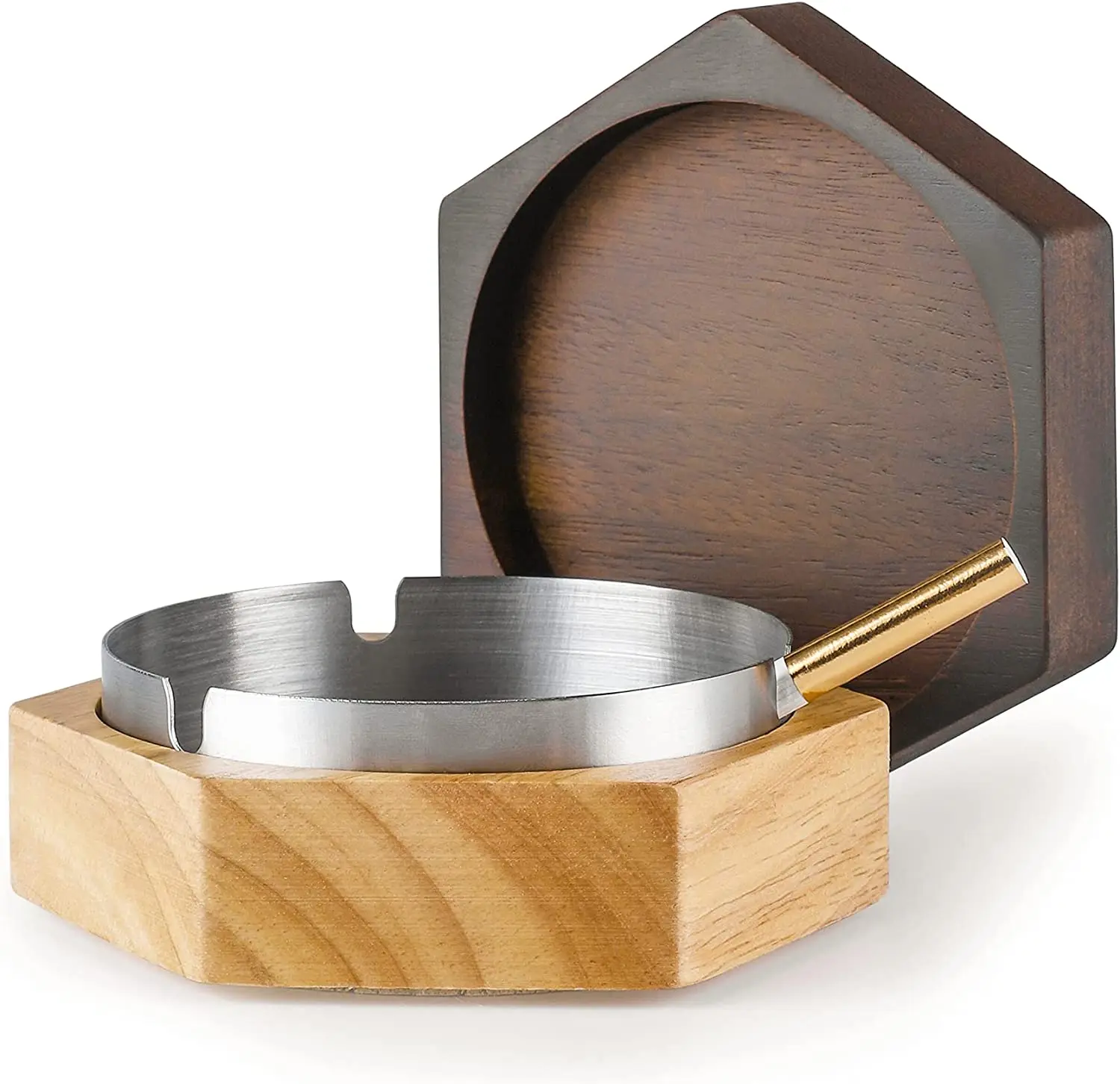 Hexagon Grey Cold Smoke Easy Clean Wooden Ashtray With Stainless Steel Liner With Lid