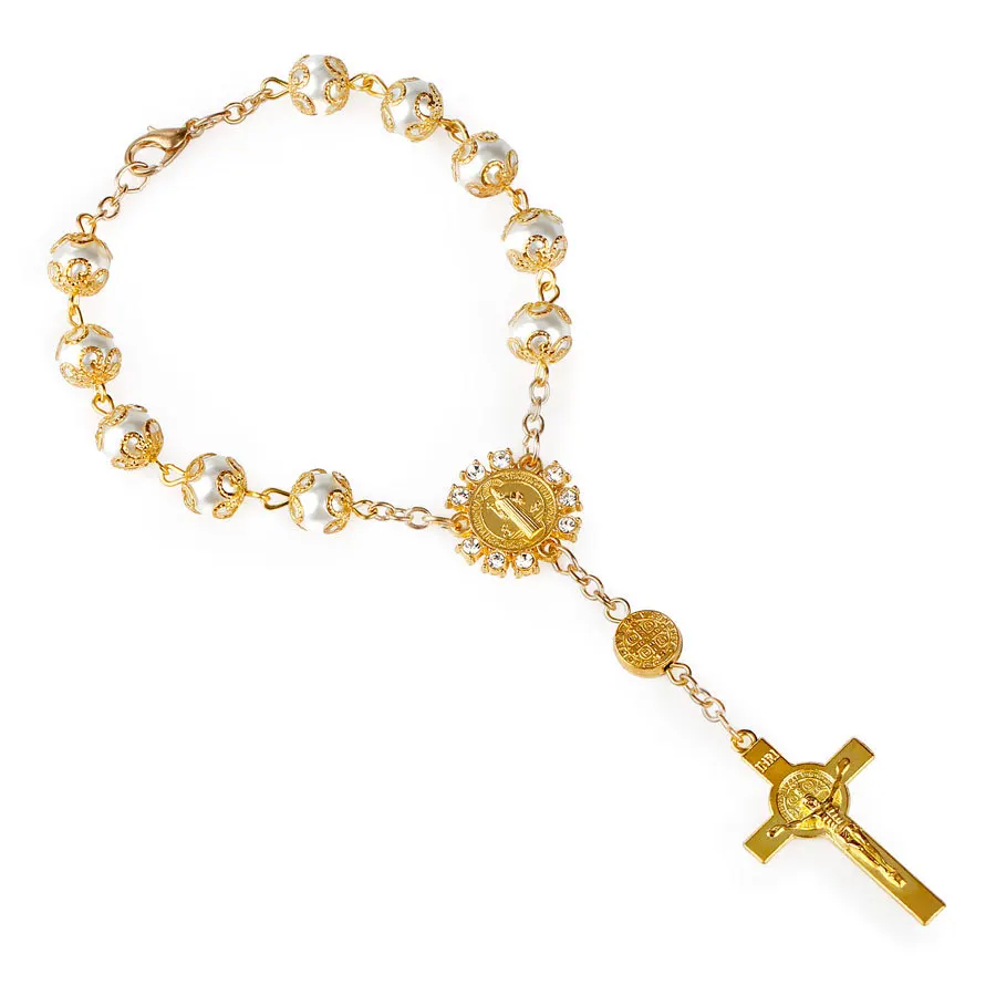 Gold and silver lace Rosary beads bracelet Cross of Jesus NATURESTONE