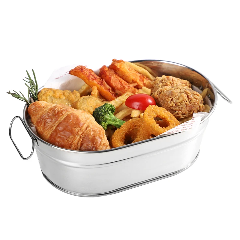 Factory galvanized iron ice bucket with handles oval food tray restaurant tabletop fast food metal serving tray
