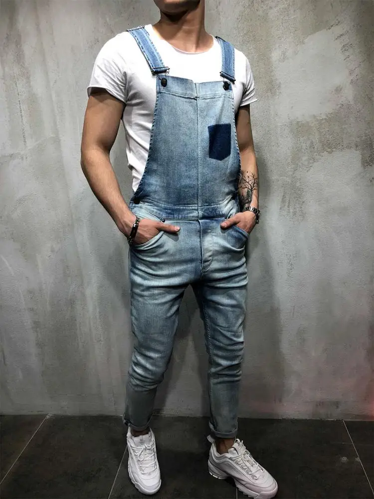 Wholesale Light Blue denim overalls with Patch pocket men jeans jumpsuits