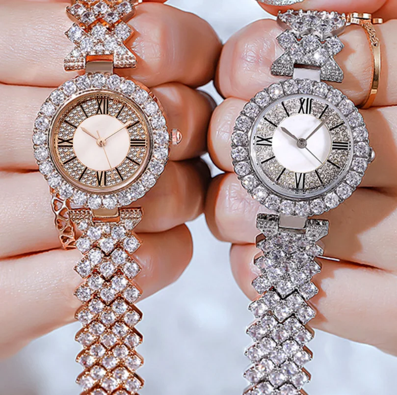 Hot Sale 2pcs/set Women Ladies Fashion Bling Fully Diamond Iced Out Watch Luxury Quartz Wrist Bracelet Watches Gift