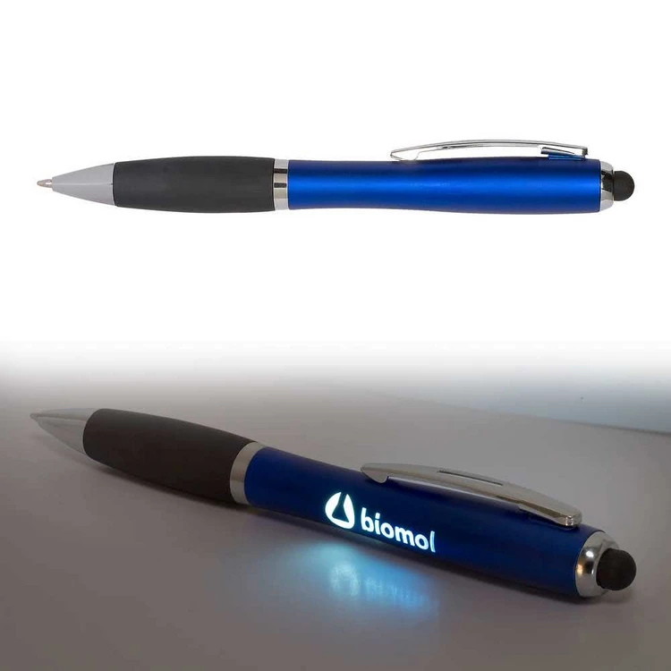 cheap custom plastic screen stylus light ballpoint ball pen with led laser logo printing