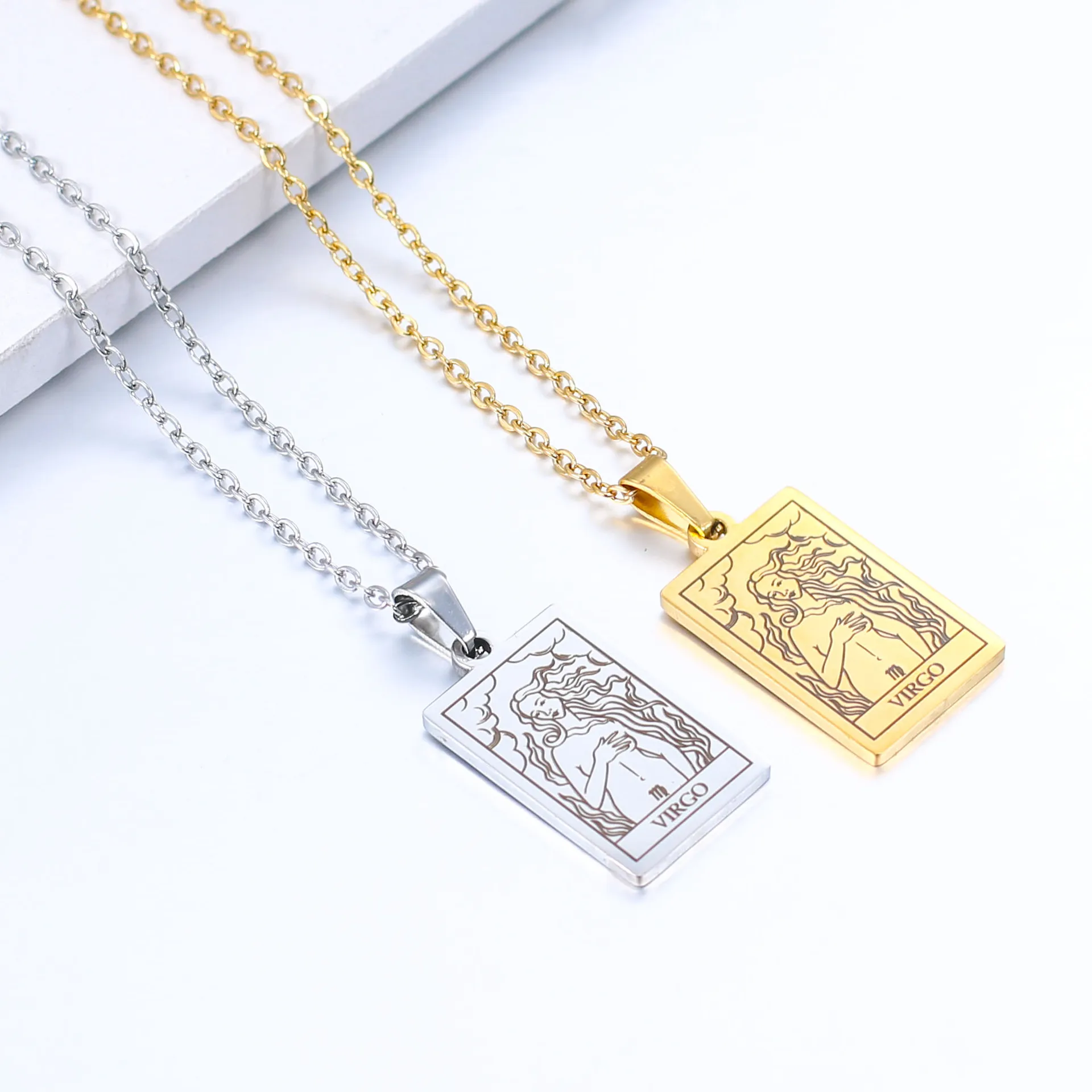 Women jewelry 18k gold plated astrology horoscope tarot card stainless steel pendant 12 zodiac sign necklace