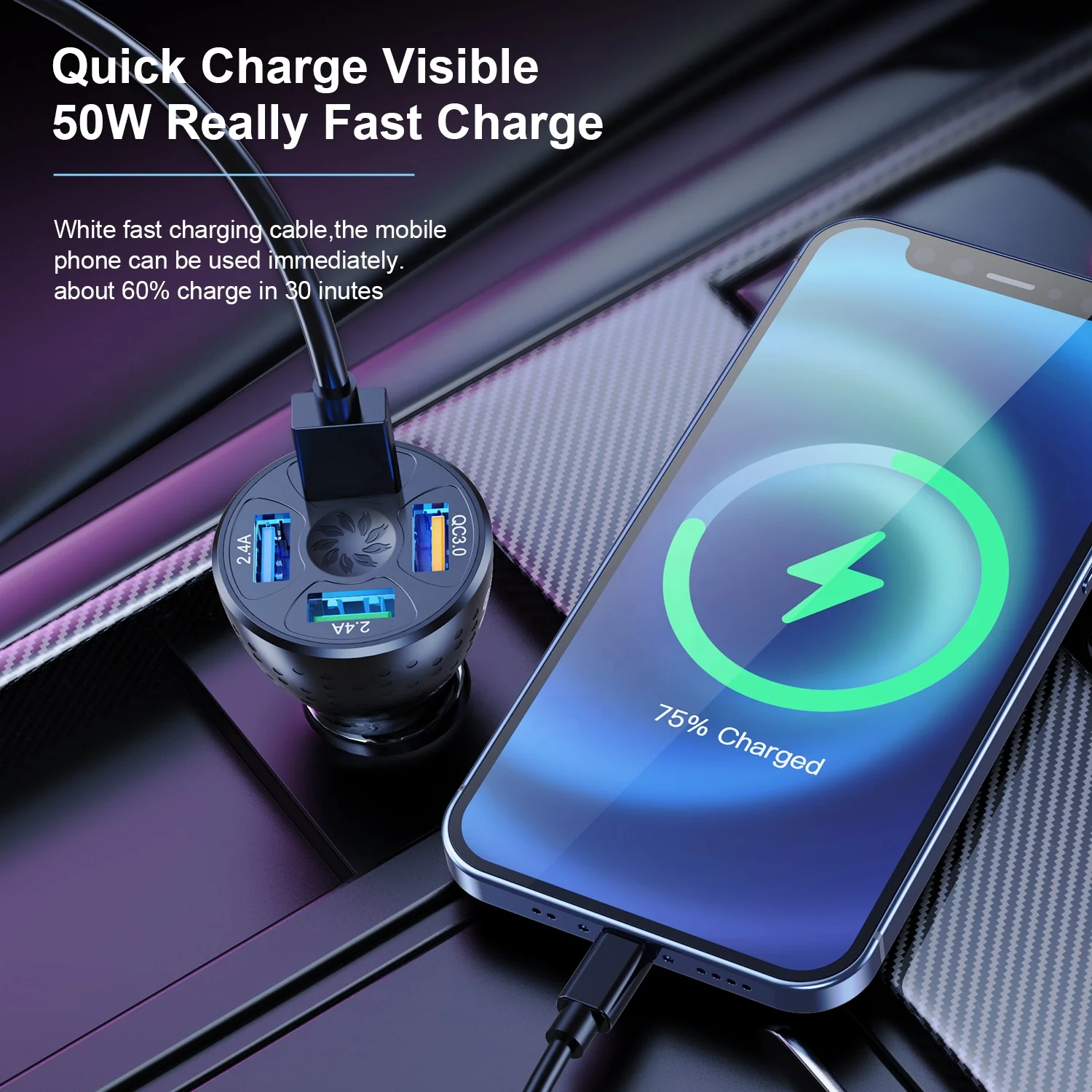 USLION 50W 4 Ports USB Car Charger QC3.0 Mini Fast Charging For iPhone 13 12 11 Huawei Phone Charger Adapter in Car Accessories