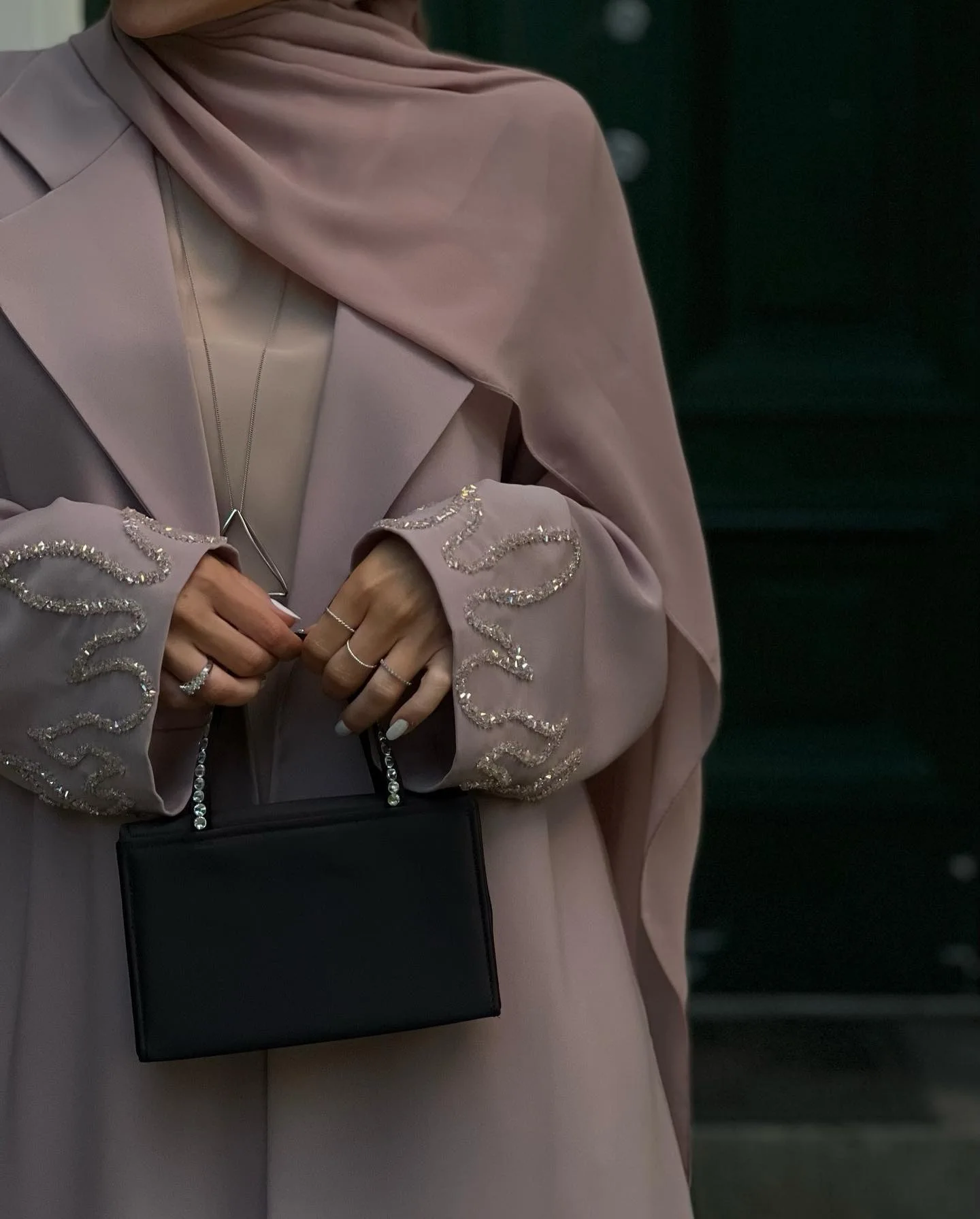 2024 Handwork Abaya Wear high quality pink hand cuff beaded long dress satin demure open Abaya Islamic dress Muslim Eid dress