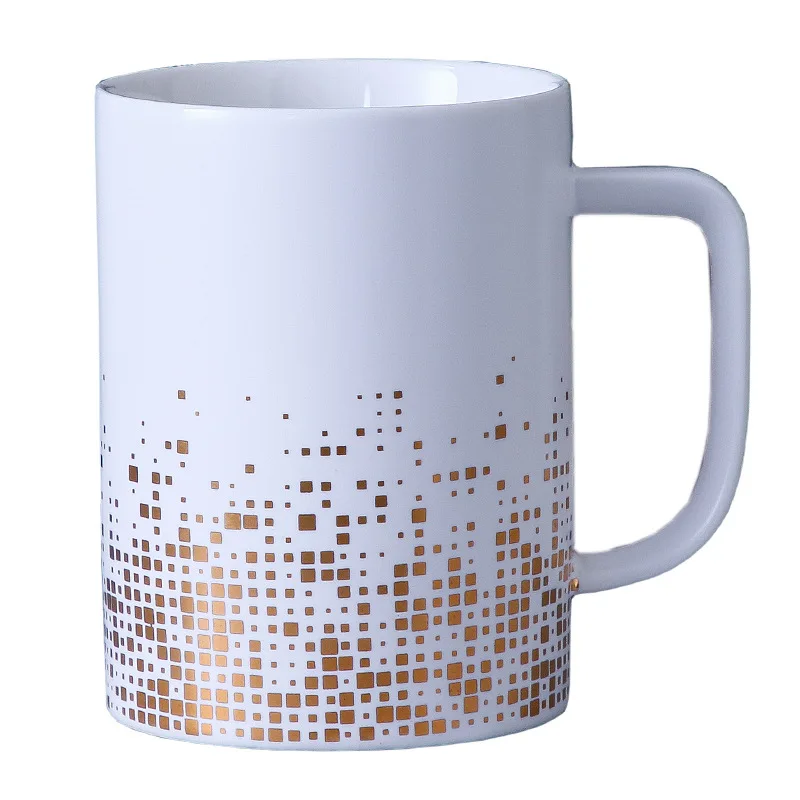 15OZ China Manufacturer Promotional Golden Square Speckles Spots Ceramic Mugs Black Coffee Mug With Golden Lid