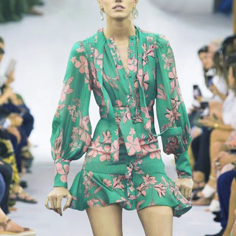 New Summer High Quality Satin Soft Fabric Bow Tie Collar Floral Print Women Mini Dress with Slash