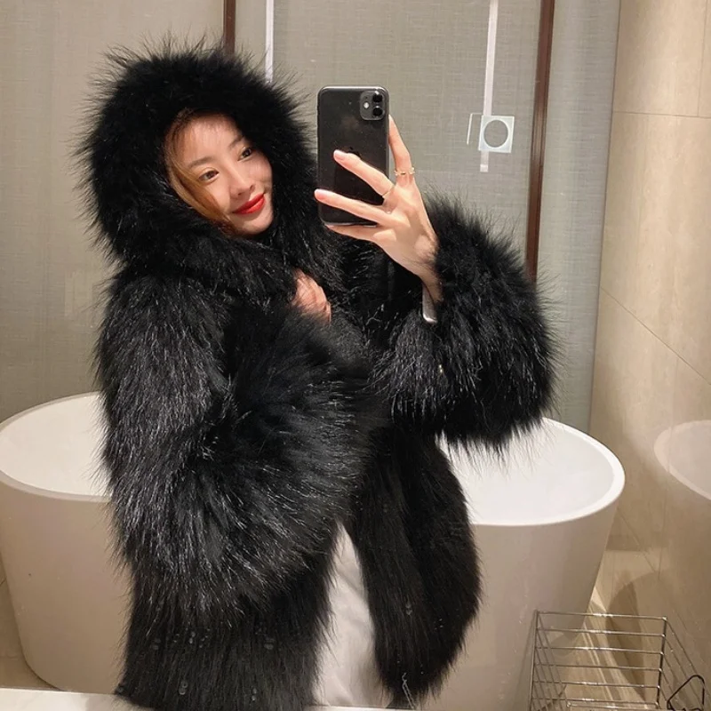 New Fashion Knitted Natural Raccoon Fur Coat Winter Fluffy Fur Jacket For Ladies Luxury Warm Overcoat