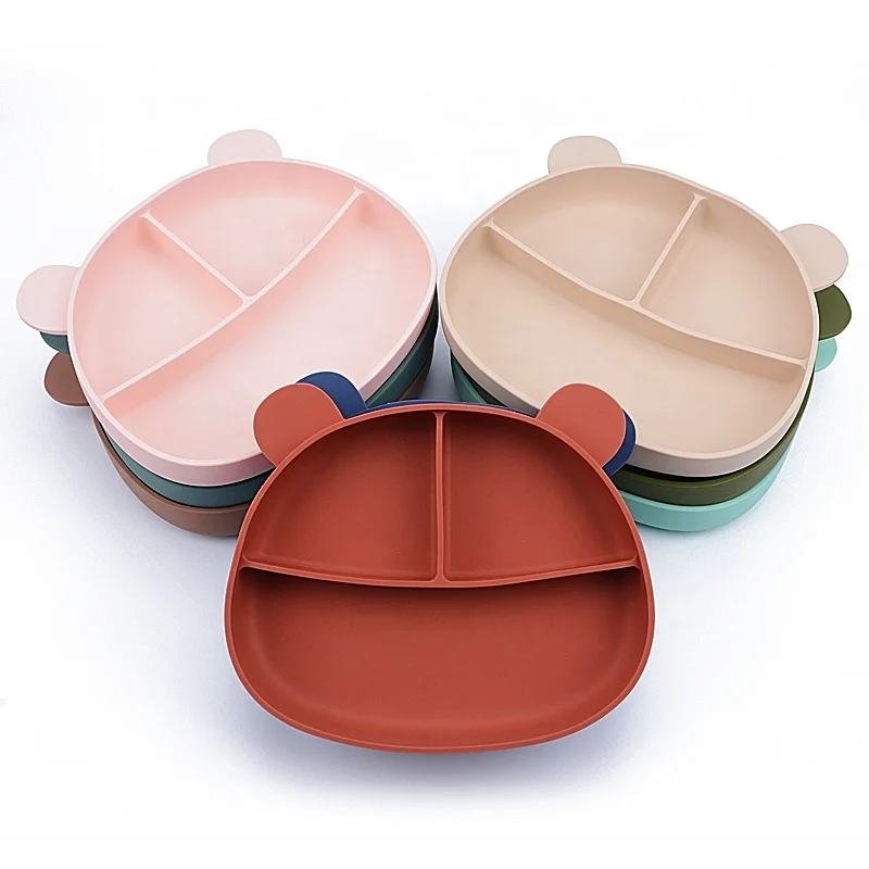 Cute Bear Kids Tableware Food Grade Bpa Free Wholesale Baby Silicone Tableware Feeding Set With Spoon