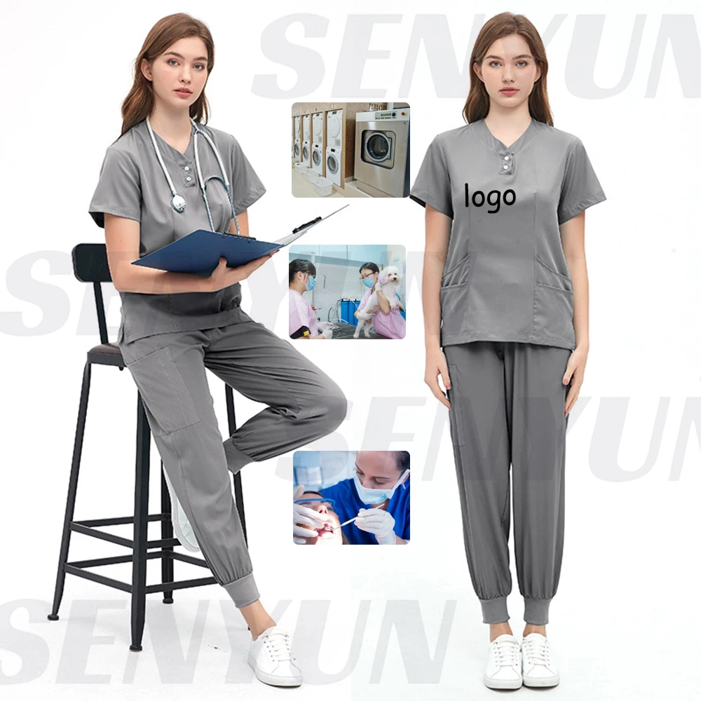 Nurse Scrubs De Manga Corta Custom LOGO 2 Piece Set Vintage Laundry Plus Size 2XL Plain Medical Women Hospital Uniforms