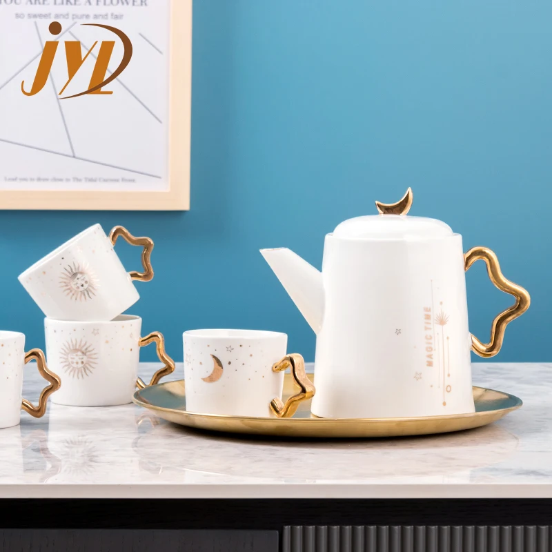 Afternoon tea set exquisite custom porcelain coffee tea cup and pot luxury ceramic teapot set with gold rim