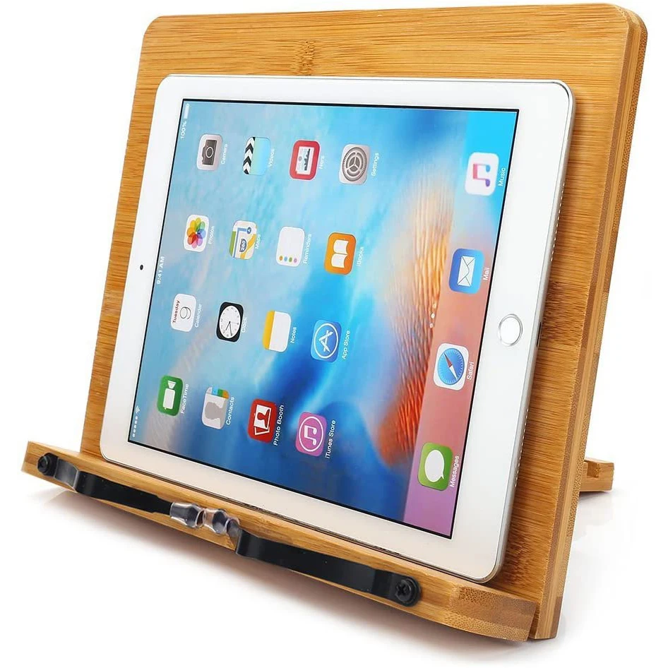 Bamboo Book Stand Adjustable Book Holder Tray and Page Paper Clips-Cookbook Reading Desk Portable Sturdy Lightweight Book stand