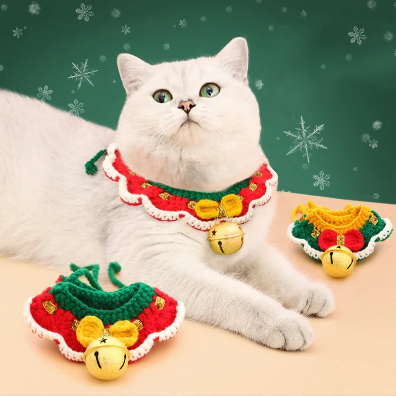 Luxury Puppy Cat Bow Tie Scarf Pet Clothing Christmas Santa Yarn Bell Adjustable Hand-woven Knitted Dog Cat Collar With Bell