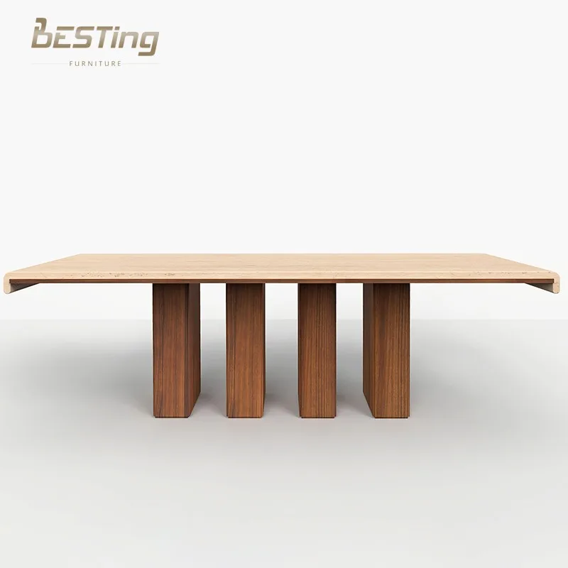 dinning room furniture travertine top solid oak wood leg beam dining room big table  set 8 seats