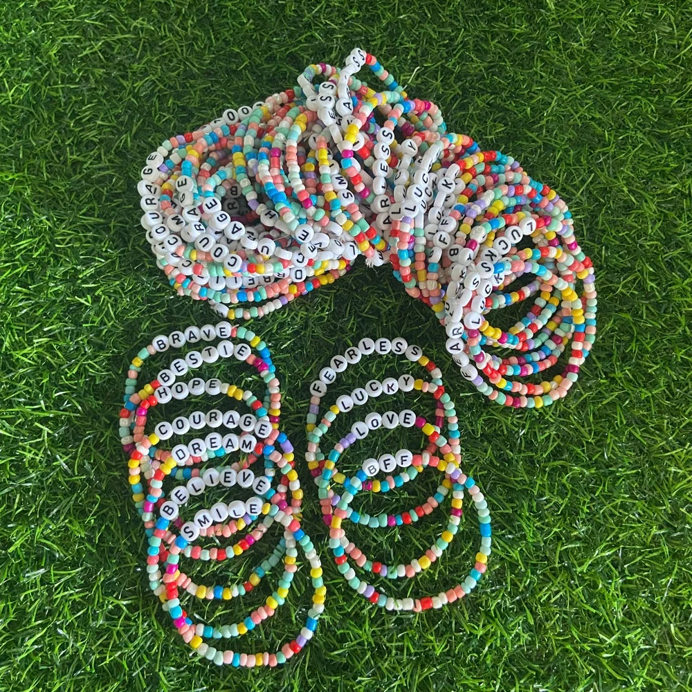 Custom Colorful Stretch Seed Beaded Bracelet for Women Monogram Initials LUCKY Friendship Bracelets