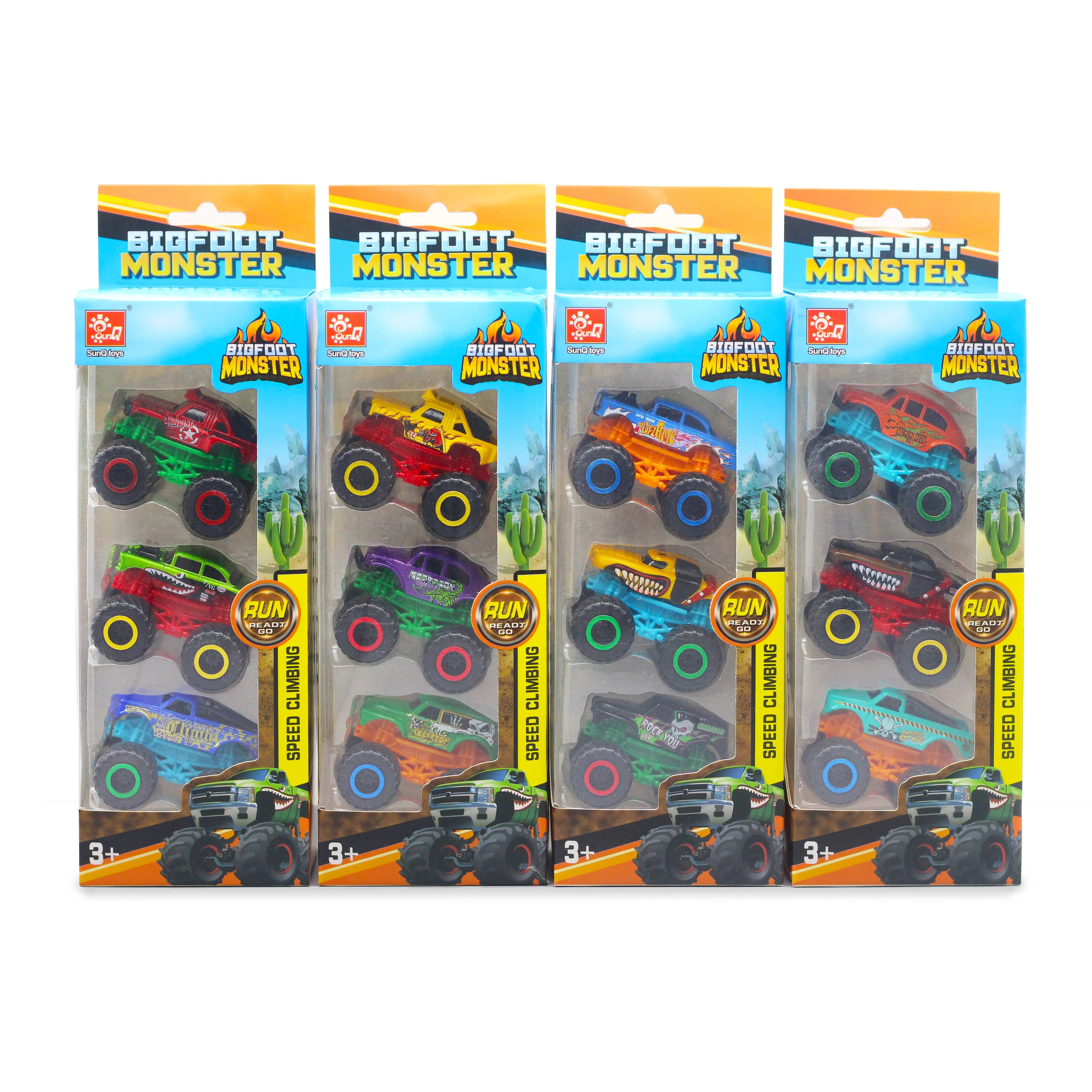 Sunq 2023 New Arrival 3Pcs Big Wheel Monster Truck Toys Set Friction Alloy Toy Cars Vehicles For Kids Best Gift For Boys