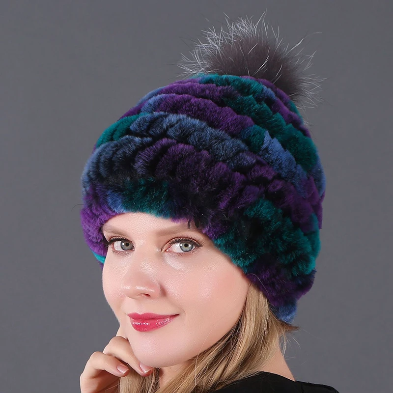 Good Quality Hats With Fur Balls Winter Fur Hat  For Women