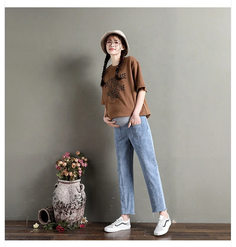 Модель 2019 года, весенние джинсы для беременных с карманами в виде ягодиц для беременных, джинсовые брюки для беременных, хлопковые свободные брюки, Одежда для беременных