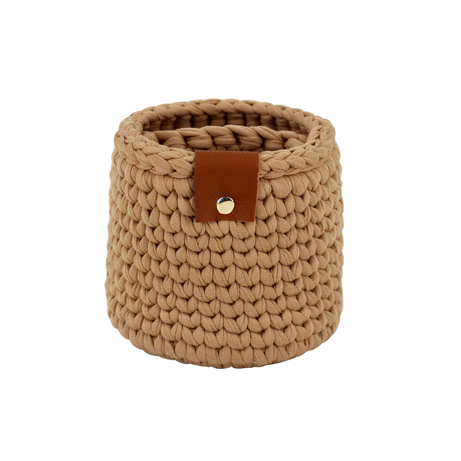 Multiple Colors Pure Handmade Weaving Small Size Yarn Storage Basket with Leather Decoration