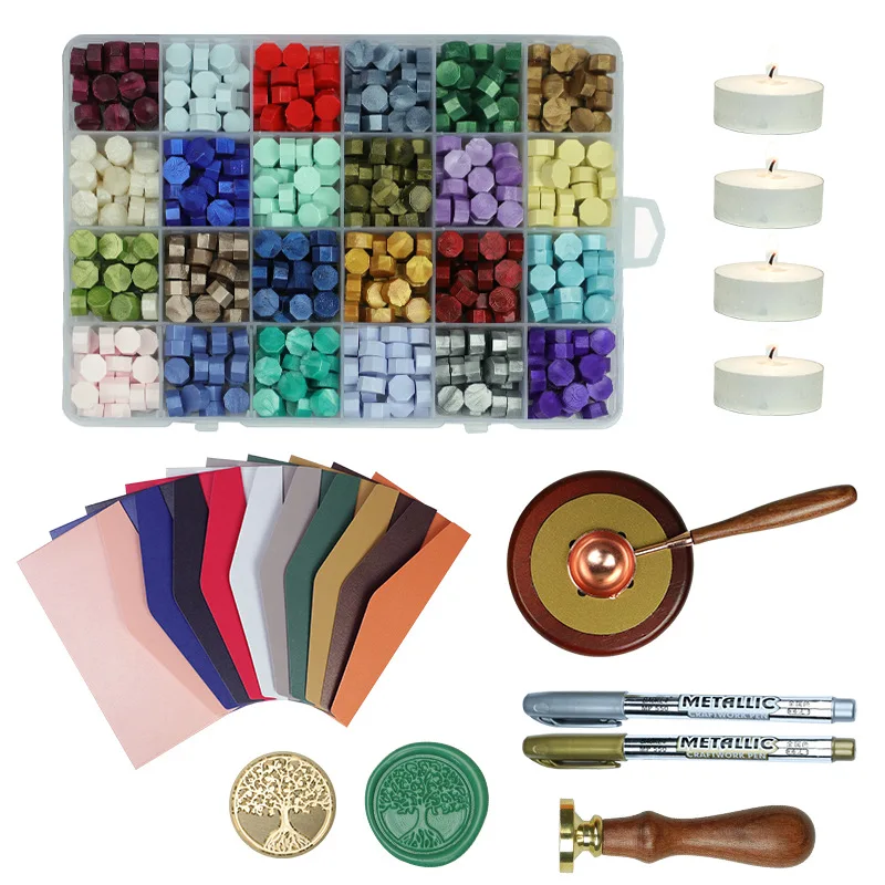 Envelope wax package 24 color grid wax particles + wax seal stamp + coloring pen + envelope + candle + furnace
