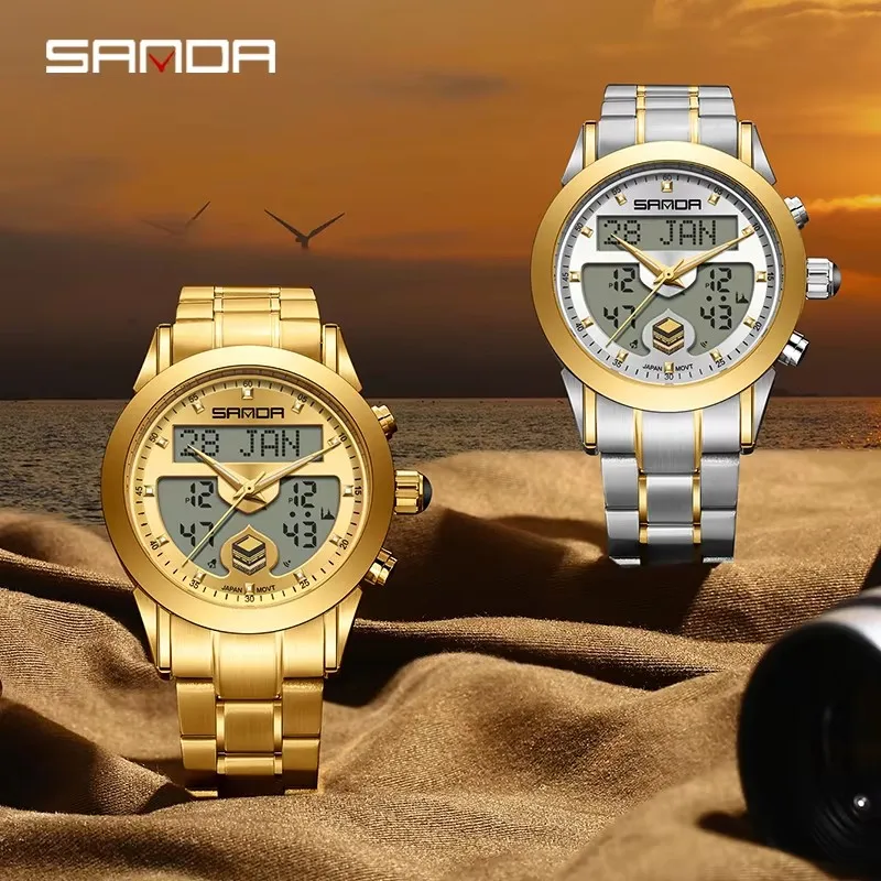 SANDA 6204 Men Quartz Watches Fashion Elegant Arabic Tidal Direction Indication Trendy Chronograph Stainless Steel Strap Watches