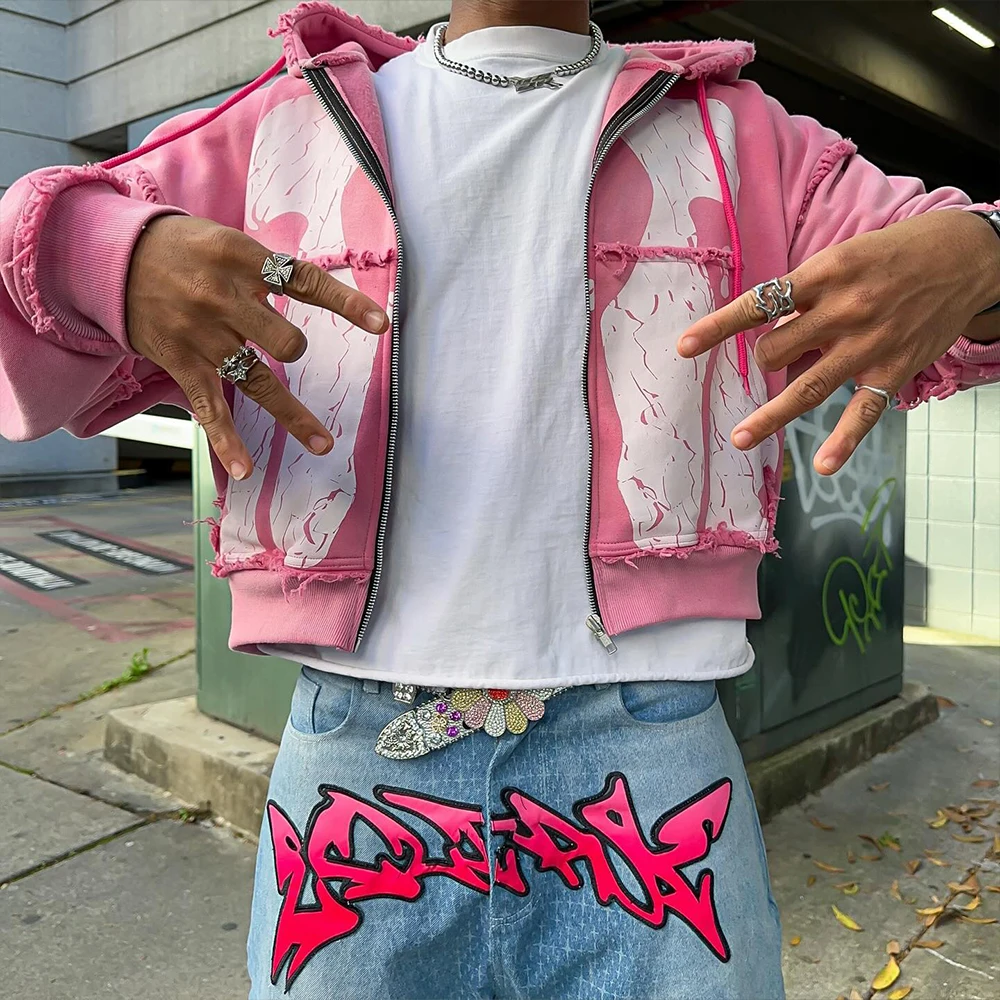 Cut and Sew Garment Custom DTG Printing Stone Washed French Terry Cotton Zip Up Distressed Hoodies for Men
