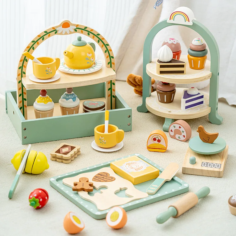 Montessori Cartoon Macaron Children Little Cooking Family Baby Mini Afternoon Tea Food Fruits Dresser Toys For Kids Boys Girls