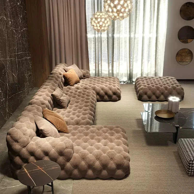 Italian Leather Sofas Sectional Button Tufted Chesterfield U Shape Modular Sofa Luxury Living Room Furniture