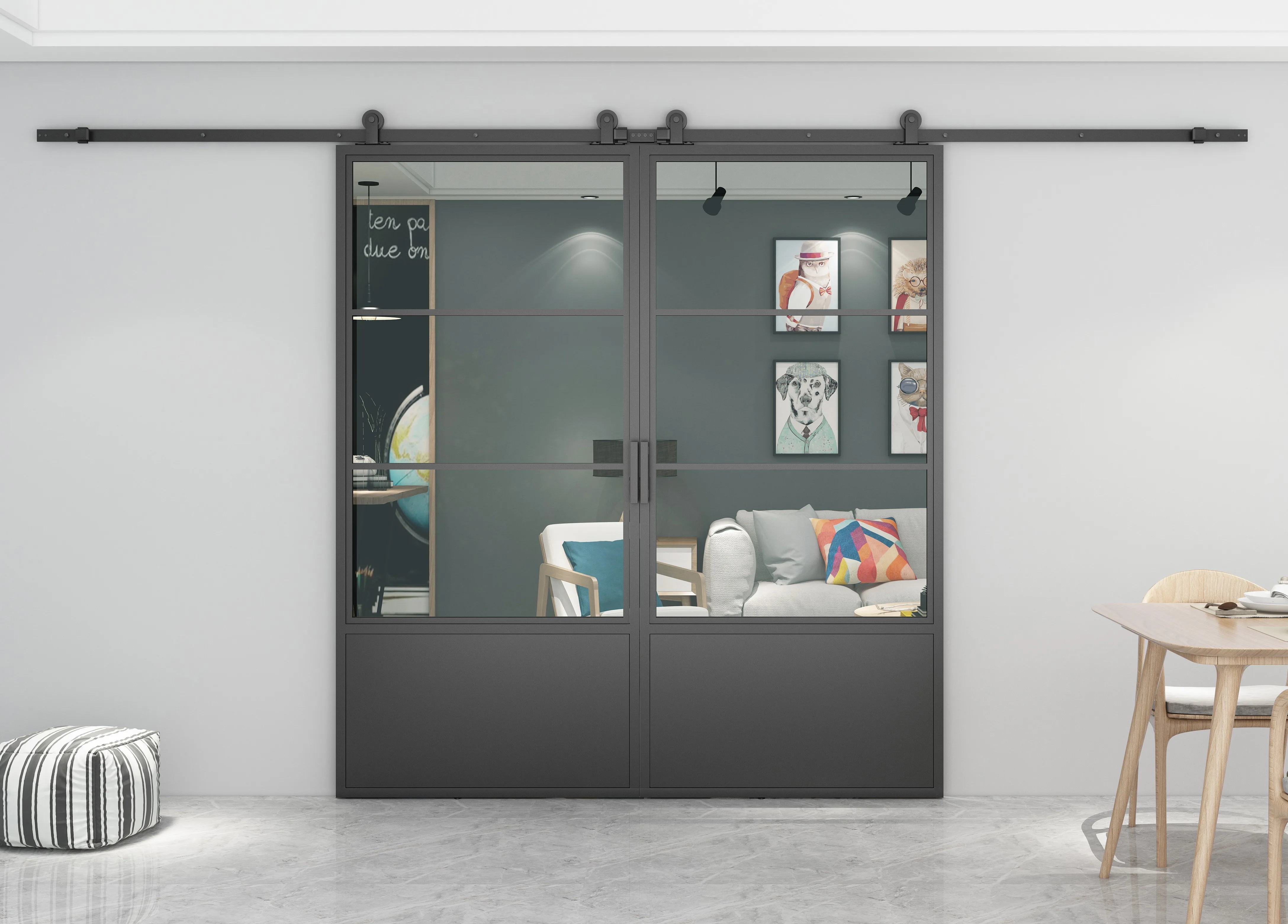 Interior Partition 3 Lites&Base Black Steel Frame Clear Glass Sliding Barn Door with Door Hardware