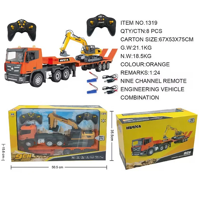 Huina 2 In 1 Led Lights 9CH Alloy Demo Simulation Electric RC Tractor Trailer Truck with Excavator Hobby Toy