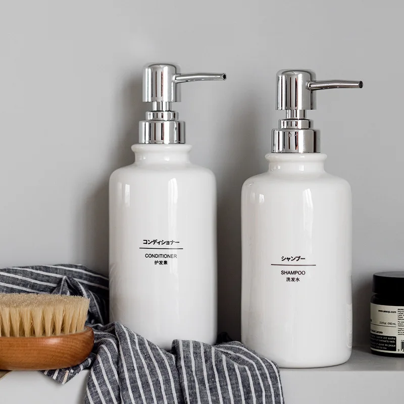 Wholesale empty  410ml cosmetic porcelain ceramic bottle white opal glass lotion bottle with aluminum pump