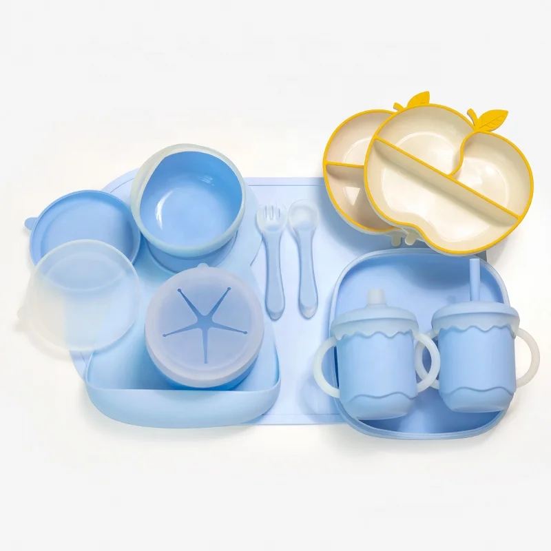 Eco Eat Utensils Grey Pink 10 Pcs 9 Kids Dining Toddlers Children Bowl Silicon Bpa Free Table Silicone Baby Feeding Set For Baby