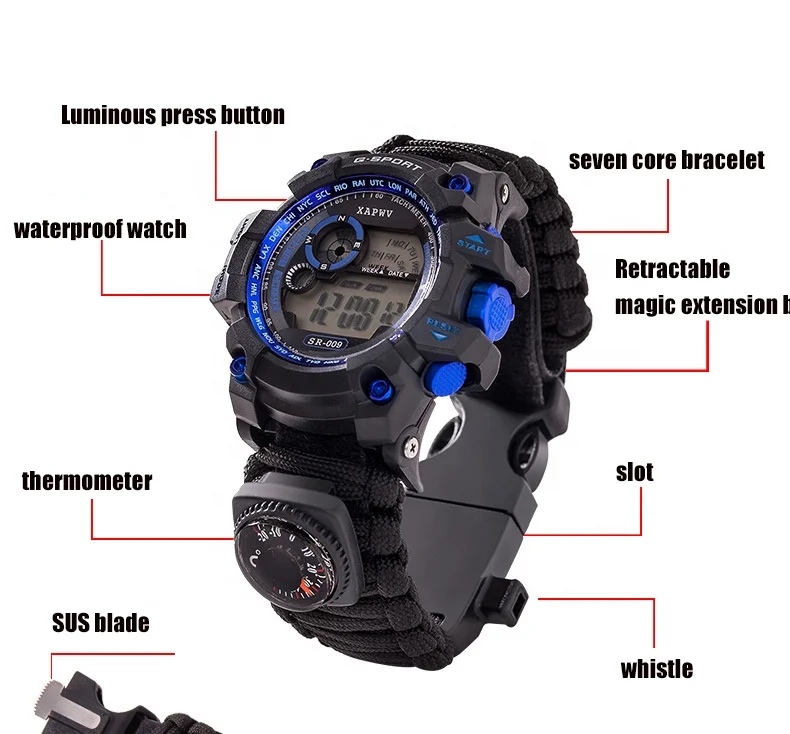 Outdoor Travel Waterproof Multifunction Survival 550 Bracelet Watch