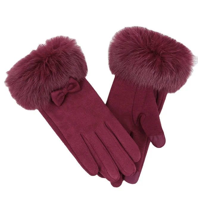 Custom Factory Winter Warm Faux Fleece Cuff Gloves With Velvet Reinforced Suede Imitation Rabbit Fur Gloves