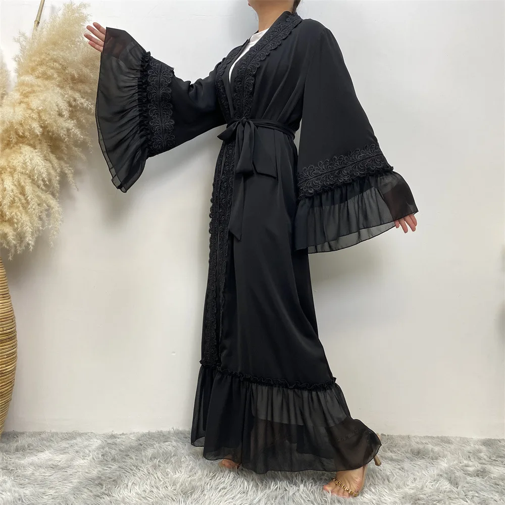 2024 Wholesale Muslim IslamicDubai New Plain Black Clothing Dress Abaya Muslim Women Lace Embroidered Edge Maxi Dress With Rope