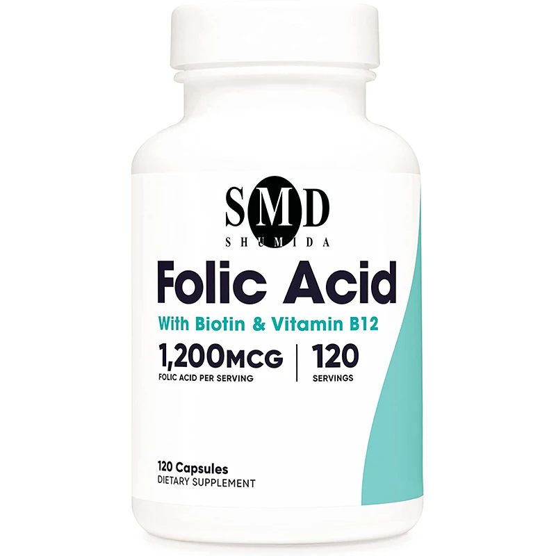 Private Label Folic Acid for Women Vitamin B9 Capsules with B12 and Biotin Veggie Capsules Gluten Free Vitamin Capsules