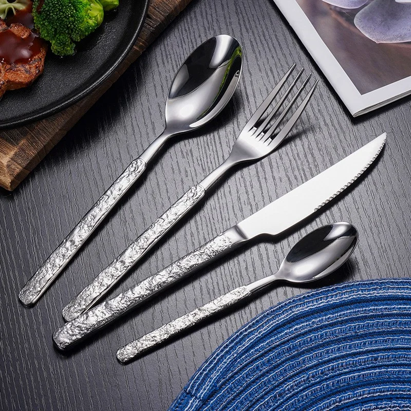 Cutlery hammered flatware golden 18/10 cutlery kitchen flatware modern forged gold silver premium stainless steel cutlery set