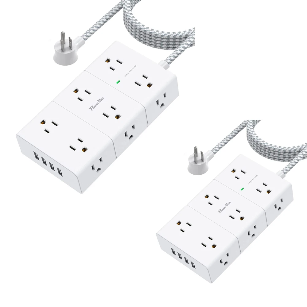 3FT Wall Mount Braided Cord Power Strip Surge Protector with 12 Outlets 4 USB White for Commercial Use