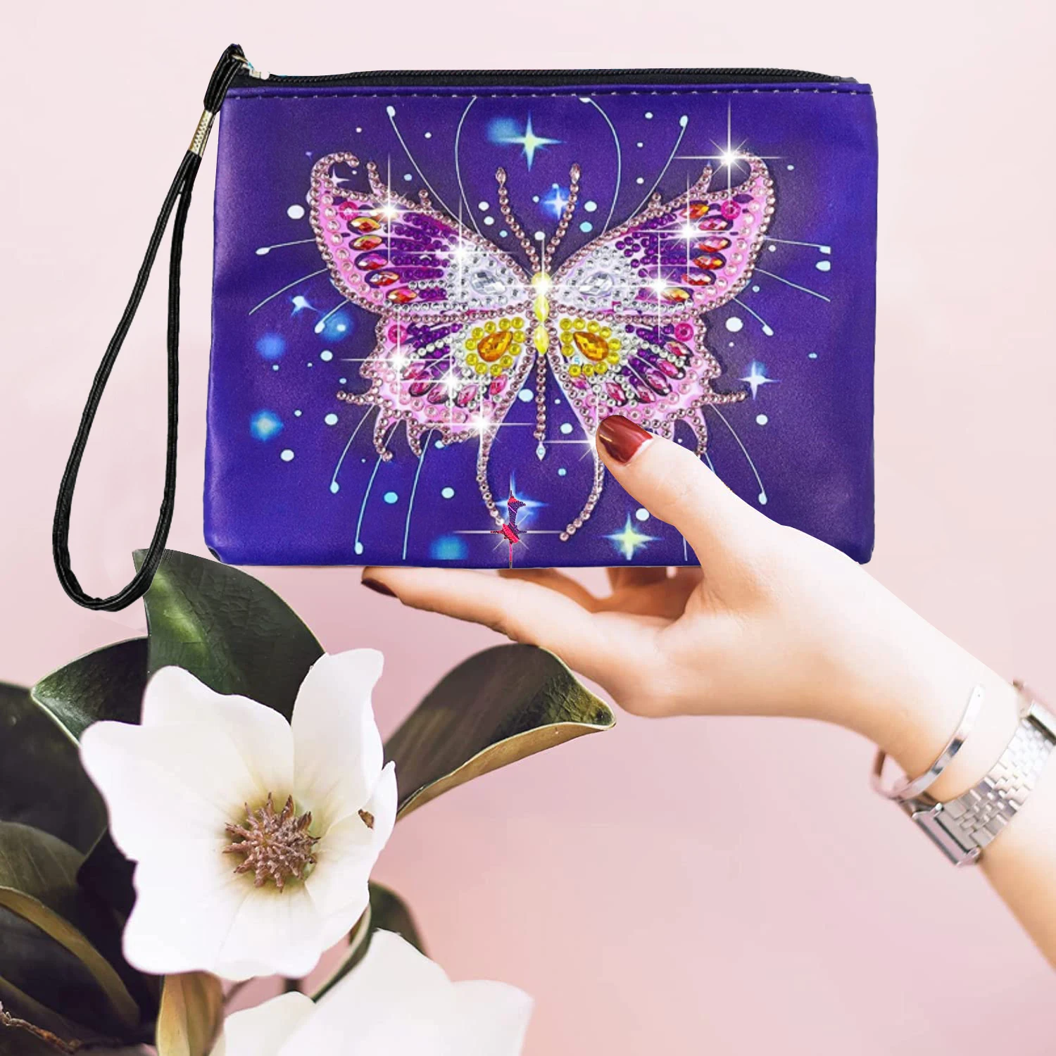purple butterfly girls hobby diy gift   crystal beads painted storage bag
