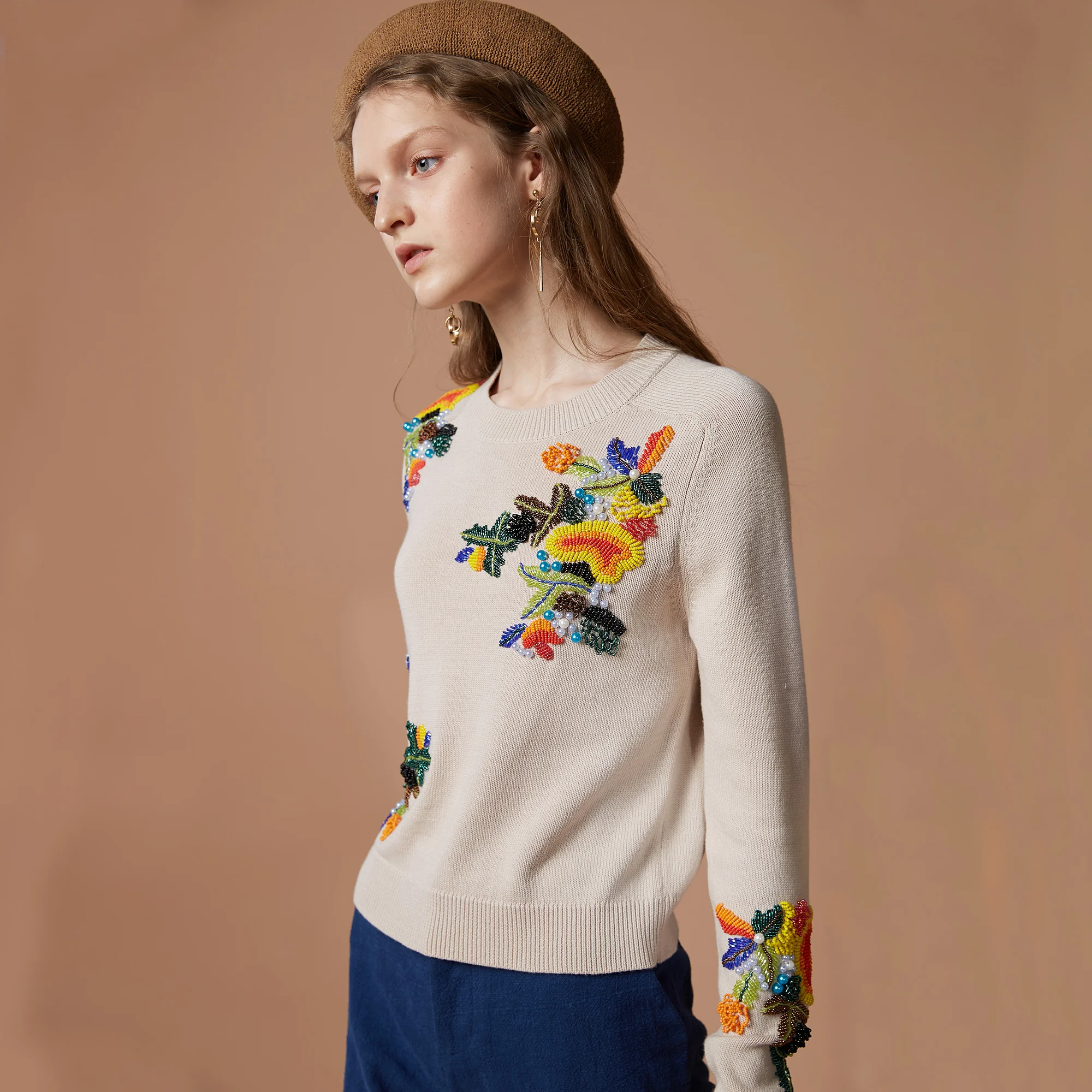 Женский свитер ручной работы с вышивкой бисером 20ALW091 пуловер с длинным рукавом вязаный свитер вязаная одежда