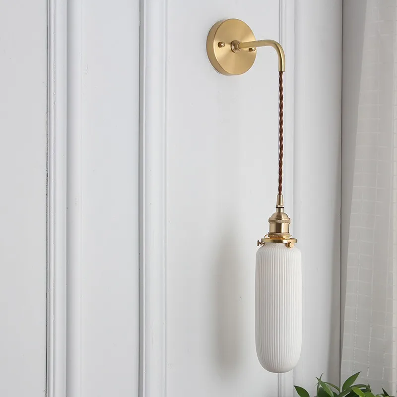 Retro Brushed Brass Sconce Wall Lights Fixture For Home Decorative Wall Lamps Indoor Modern Nordic Pleated Ceramic Wall Lamp