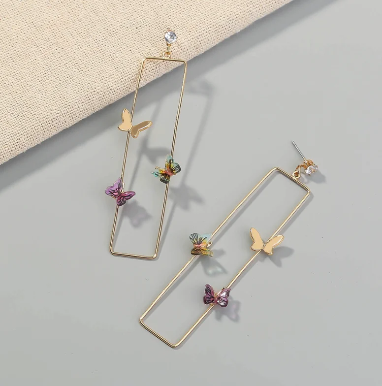  New product hot sale metal temperament long geometric shape multicolor butterfly earrings fashionable wild