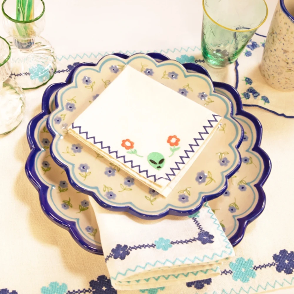 Juniper Green on White Hand Block Leaf Printed 100% Pure Eco-friendly Cotton Cloth Embroidery Napkins used in Hotel and Home