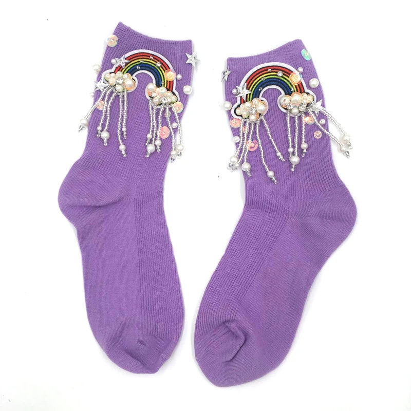 Handmade Sequins Socks Pearl Socks Young Girl Pink Party Socks