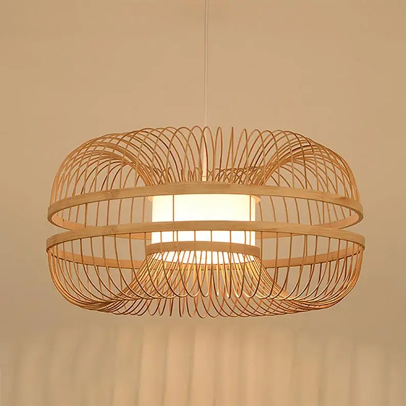 Modern Chinese Handmade Natural Woven Bamboo Chandelier Big Round Basket Lantern Pendant Lamps for Cafe and Restaurant