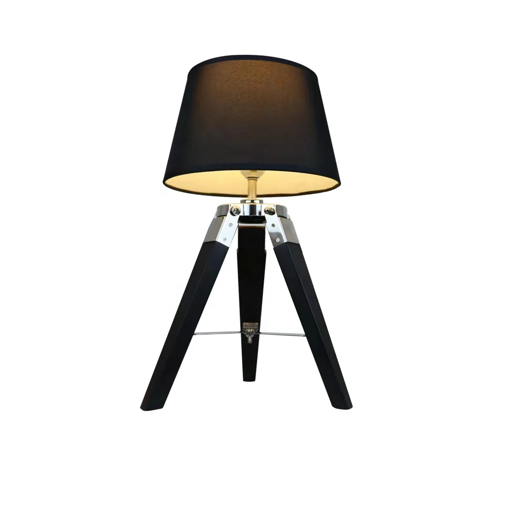 Decorative Bedside Table Lamp with Wood Tripod Base in Black