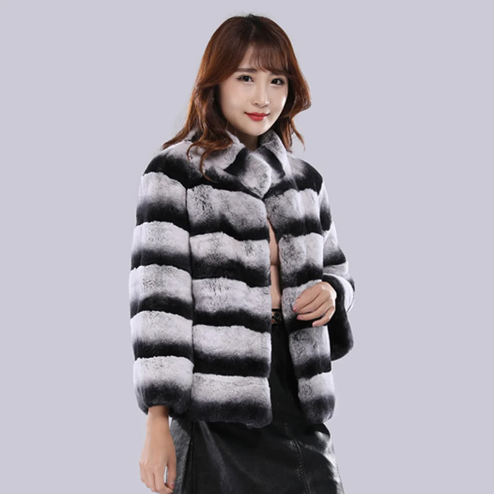 High Quality Winter Hand Made Warm Fuzzy Luxury Chinchilla Real Rabbit Fur Coat Women