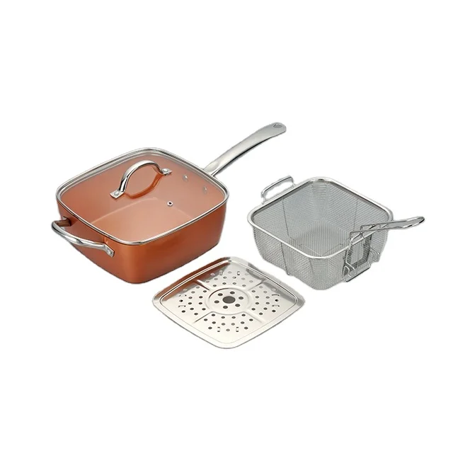 Copper Fry Pan Induction Bottom Aluminum Copper Ceramic non stick Square Pot With Basket