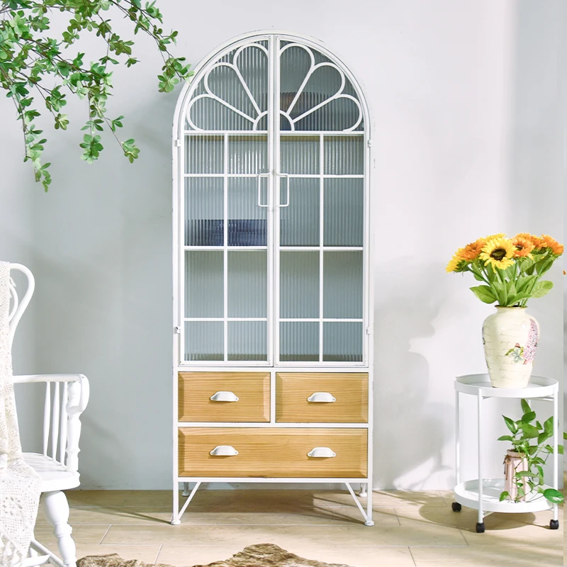 Nordic style home living room rustic decor white color iron metal wooden arched retro storage display cabinet with glass doors