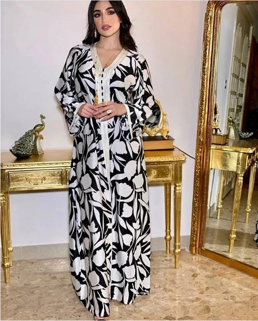 
contrast color splicing dresses abaya embroidery long dress Muslim robes floral dresses women clothing 